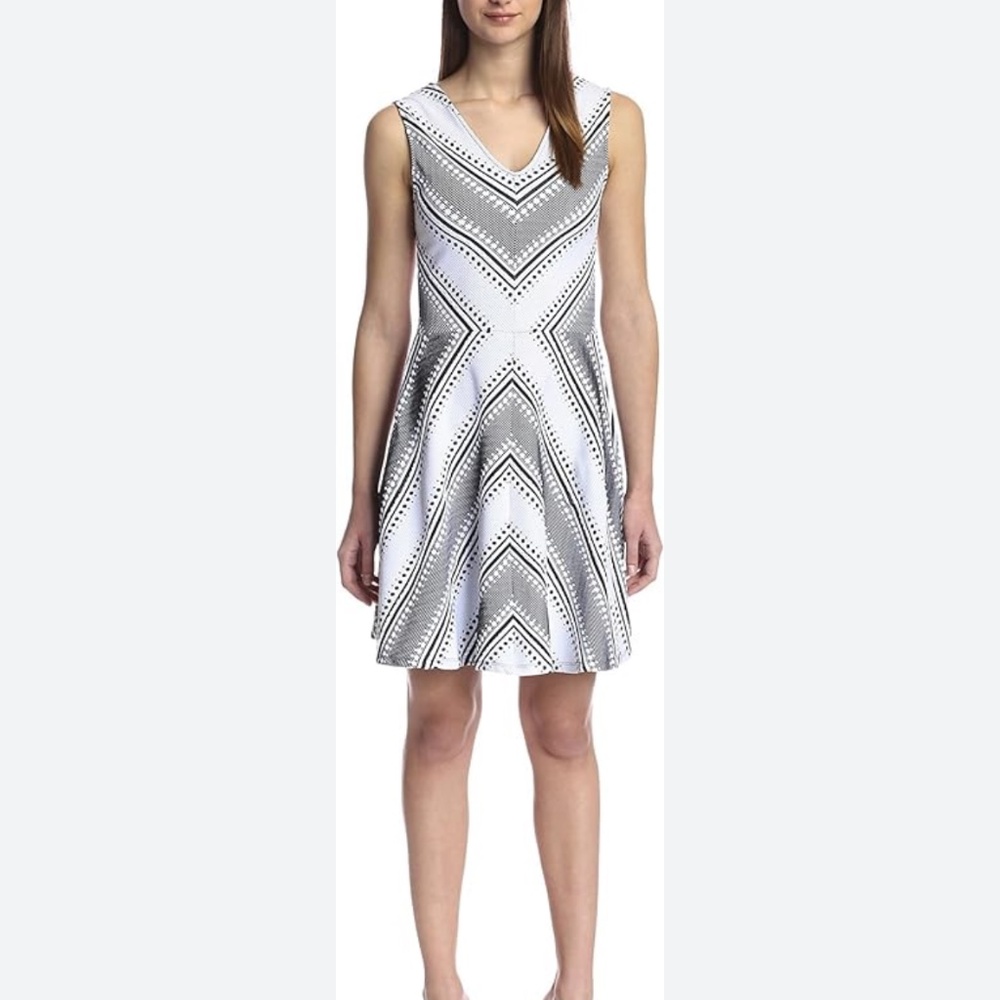 Leota Compass Rose Black and White Chevron Fit and Flare Dress